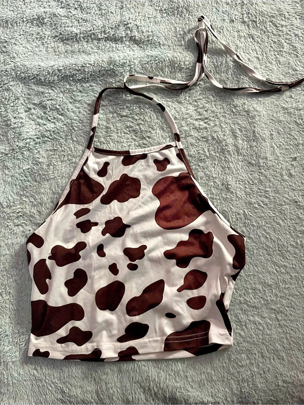 SHEIN Halter Retro Cow Print Crop Top White & Brown